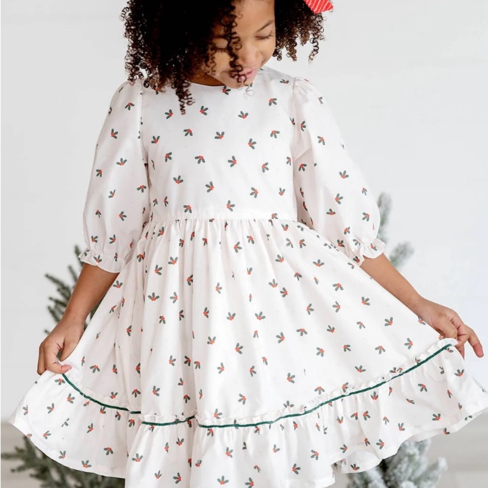 Ollie Jay Charming White Kids Dress with Holly berry  Print